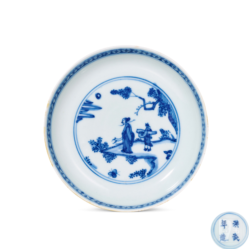 明天启 青花高仕携琴图盘